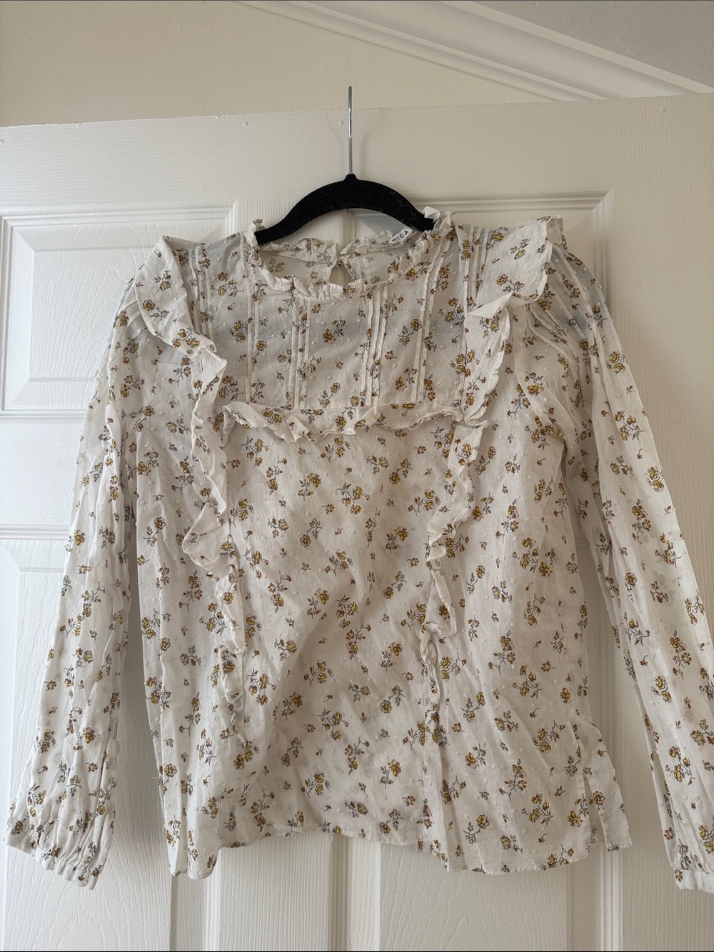 Veronica Beard Cream Floral Ruffle Long-Sleeve Blouse